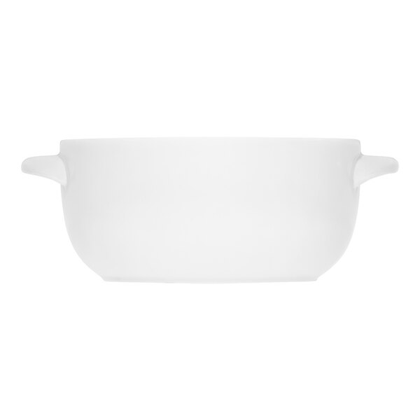 A Bauscher Luzifer round white porcelain casserole dish with handles.