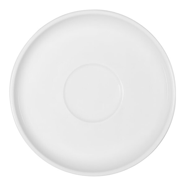 A Bauscher bright white porcelain saucer with a small rim.