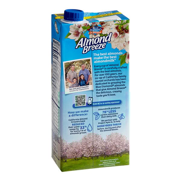 A carton of Almond Breeze Vanilla Almond Milk on a grocery store shelf.