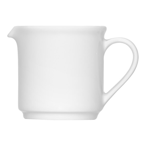 A Bauscher bright white porcelain creamer with a handle.