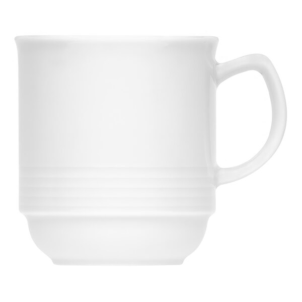 A Bauscher bright white porcelain mug with an embossed pattern and a handle.