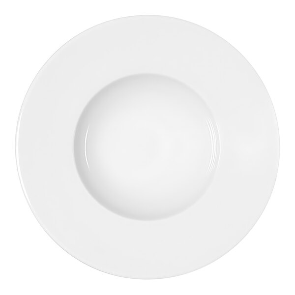 A Bauscher bright white porcelain plate with a wide rim and round center.