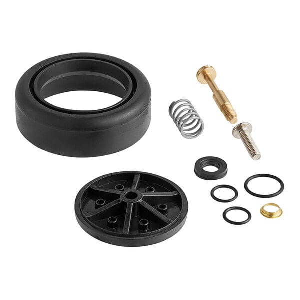 A black wheel, metal spring, and screw, and black rubber tire in a Regency Pre-Rinse Faucet repair kit.