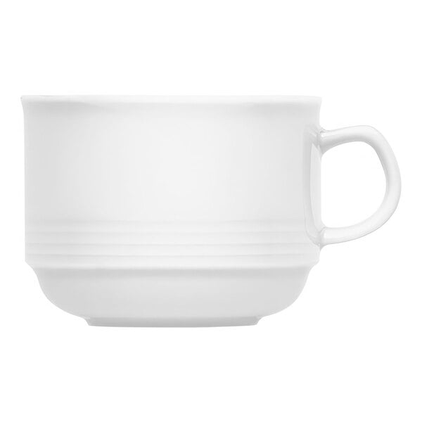 A Bauscher bright white porcelain cup with a handle.