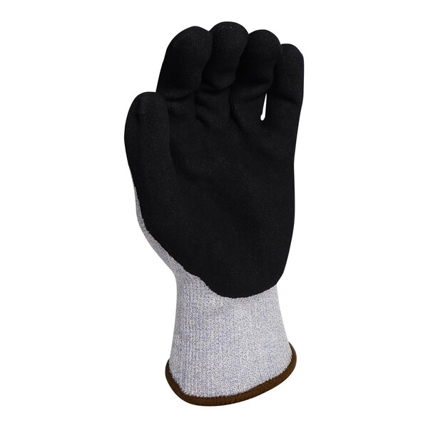 A pair of blue HDPE gloves with black HCT microfoam nitrile coating.