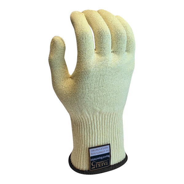 A pair of yellow Armor Guys Taeki5 glove liners. One liner is white with a black band.