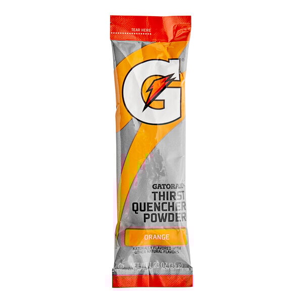 A package of Gatorade orange sports drink powder sticks.