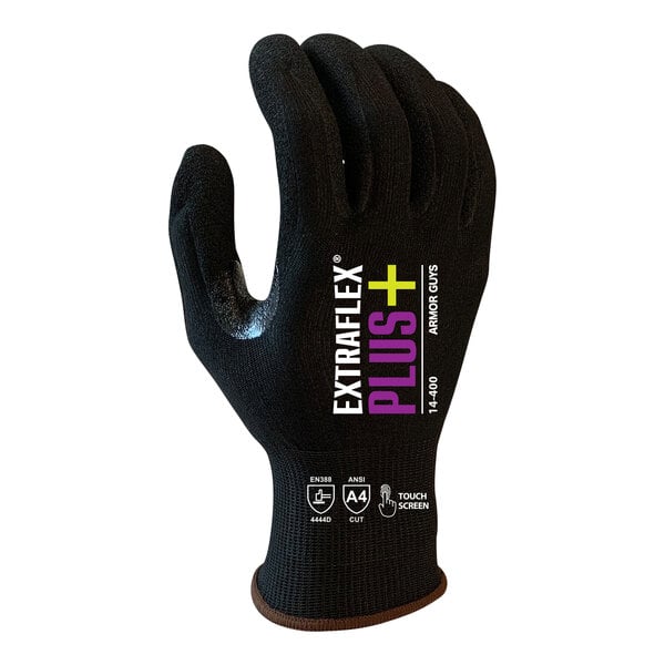A black Armor Guys Extraflex Plus glove with white text.