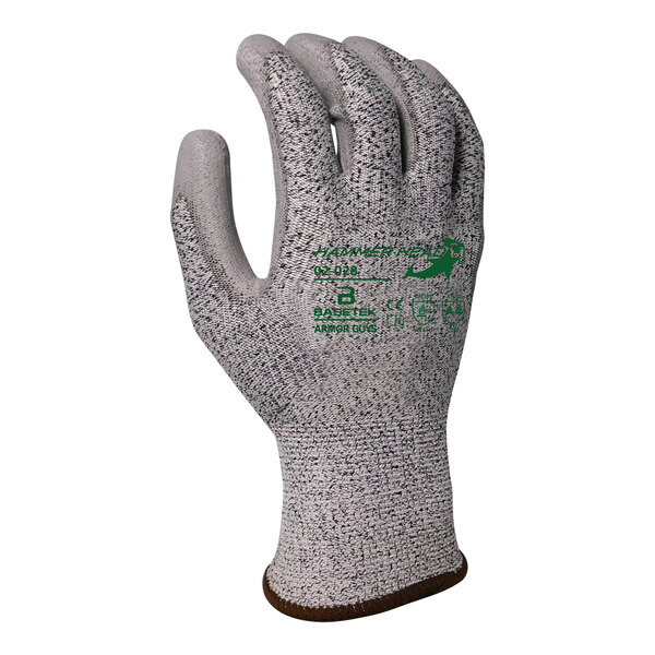 A pair of Armor Guys HDPE gloves with gray polyurethane palm coating and a green logo.