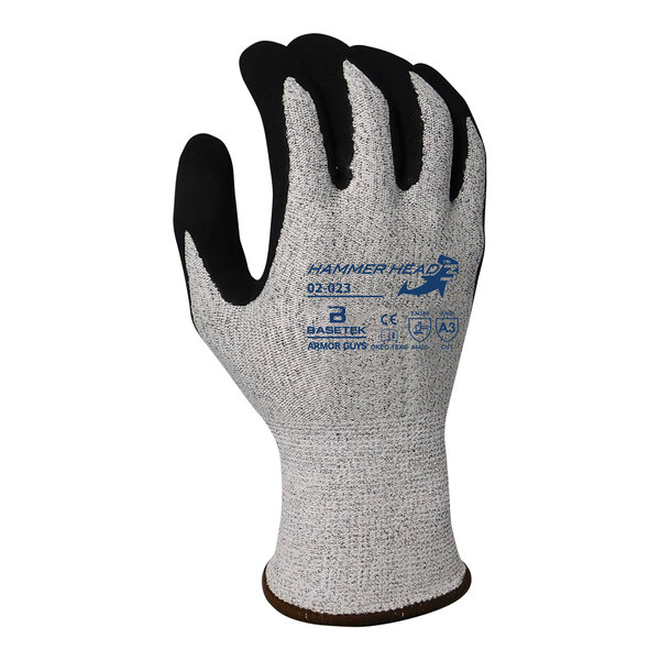 A close-up of an Armor Guys Basetek HDPE glove with black and grey palm coating.