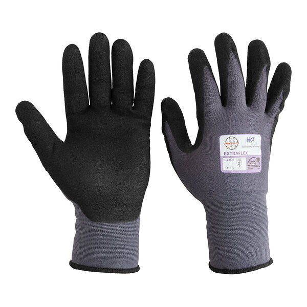 A pair of black and grey Armor Guys work gloves with a black label.