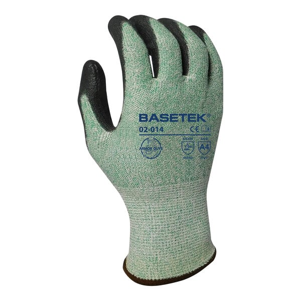 A pair of green Armor Guys HDPE gloves with black polyurethane palm coating and "Basetek" on them.