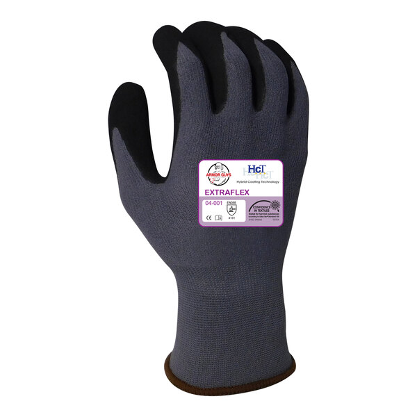 A close-up of an Armor Guys gray work glove with a black palm coating and a purple label.