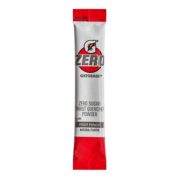 A white and red Gatorade Zero Sugar Fruit Punch powder stick packet with black and red text.