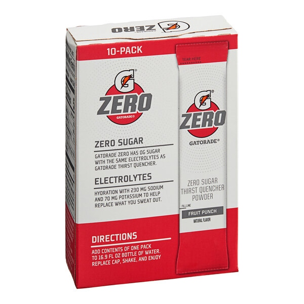 A white box of Gatorade Zero Sugar Fruit Punch sports drink powder sticks with red and black text.