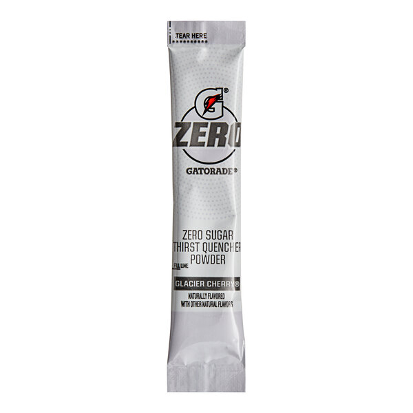 A white packet of Gatorade Zero Sugar Glacier Cherry sports drink powder with black text.