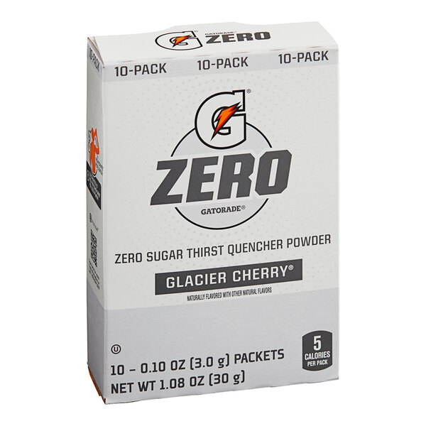 A white box with black and grey text reading "Gatorade Zero Sugar Glacier Cherry Sports Drink Powder"