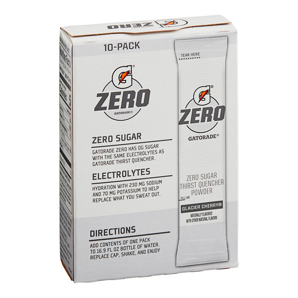 A white box of Gatorade Zero Sugar Glacier Cherry sports drink powder sticks with black text.