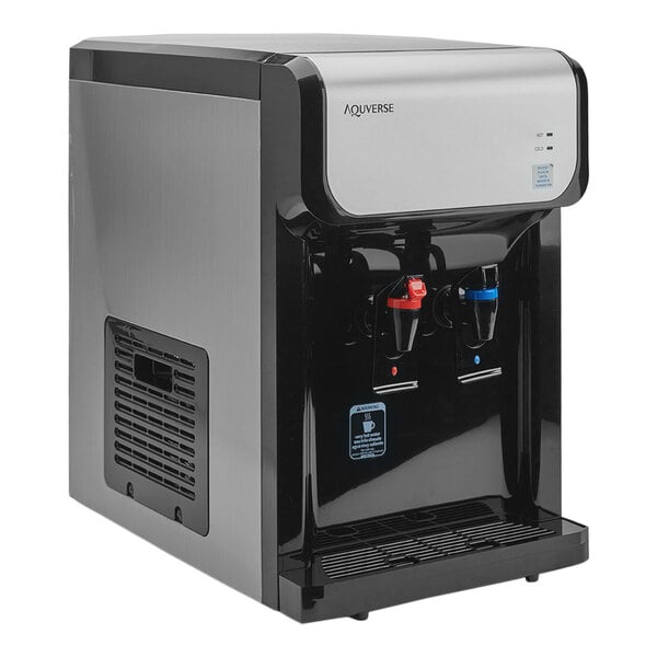 An Aquverse A2500-K black and silver countertop water dispenser with two water dispensers.