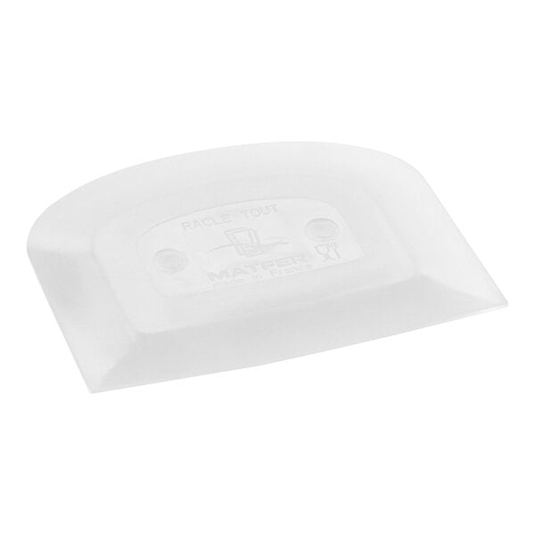 A close-up of a white Matfer Bourgeat bowl and bench scraper with a logo on it.