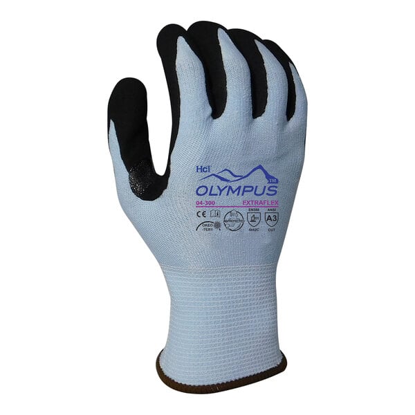 A pair of light blue Armor Guys heavy duty work gloves with black microfoam nitrile coating on the palm.