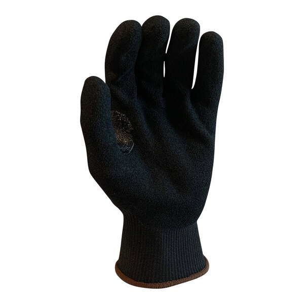 A black glove with a small brown palm spot.