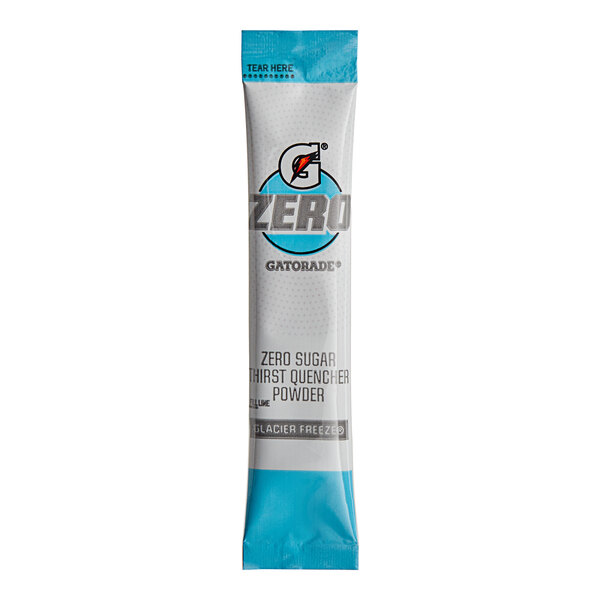 A blue and white packet of Gatorade Zero Sugar Glacier Freeze sports drink powder.