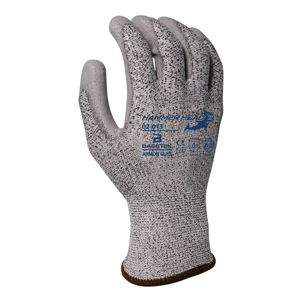 A pair of gray A3 HDPE gloves with gray polyurethane palm coating and blue trim.