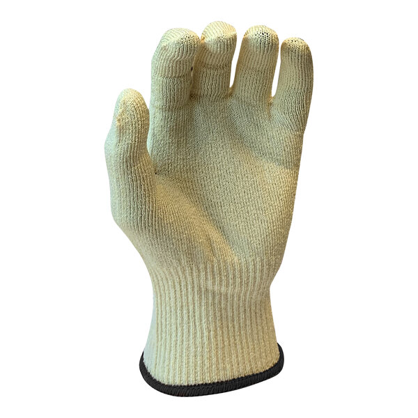 A pair of yellow glove liners with a black band.