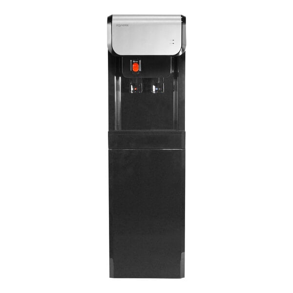 A black rectangular water cooler with a metal bar and black text.