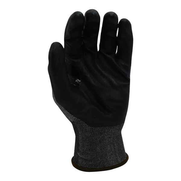 A black glove with a grey palm.