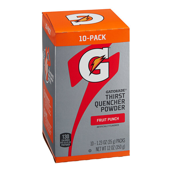 A box of 80 single serve sticks of Gatorade Fruit Punch sports drink powder.