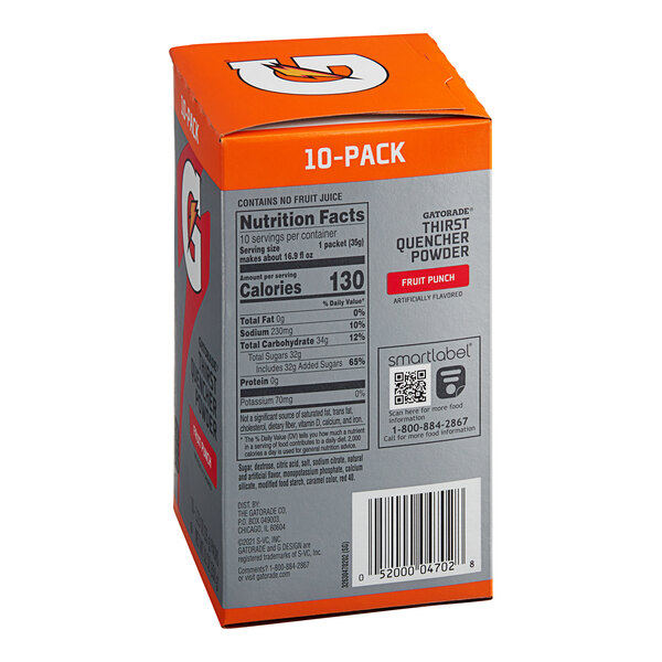 A box of Gatorade Thirst Quencher Fruit Punch single serve sticks with orange and red stripes.