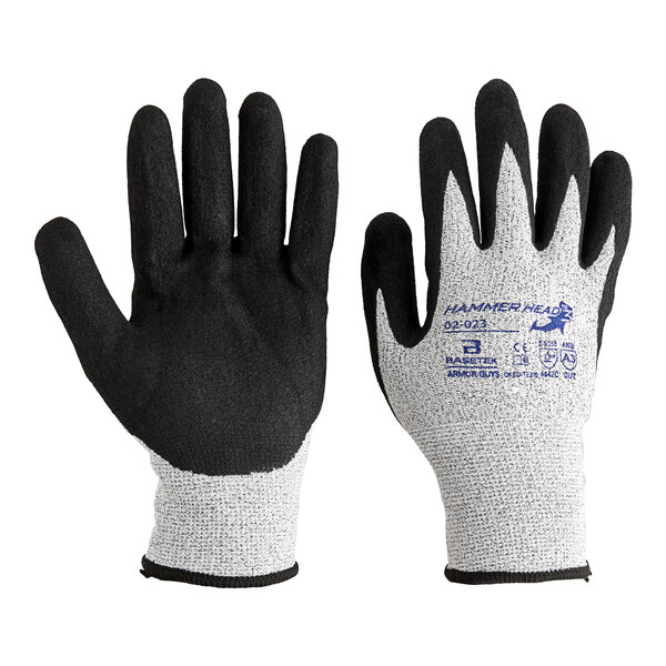 A pair of Armor Guys HDPE gloves with black and white HCT microfoam nitrile coating.