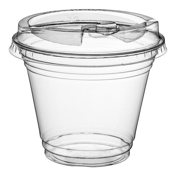 A clear plastic Choice cold cup with a strawless sip lid.