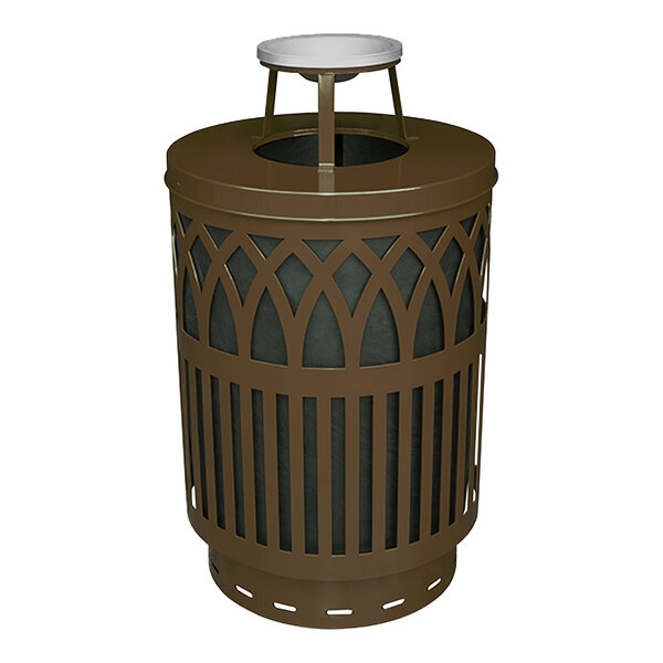 A brown steel Witt Industries outdoor trash can with an ash top lid.