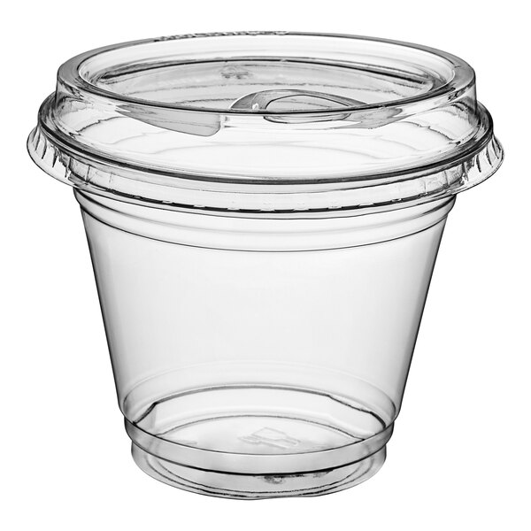 A clear plastic cup with a lid.