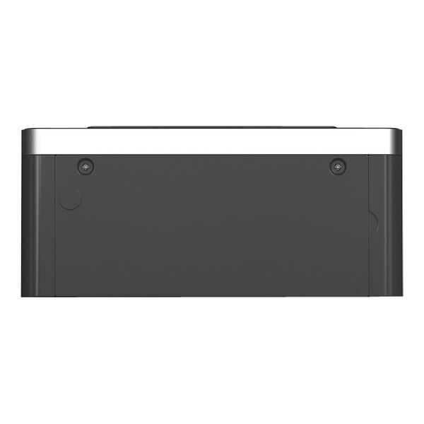 The back of a black rectangular object with silver trim displaying a computer screen.