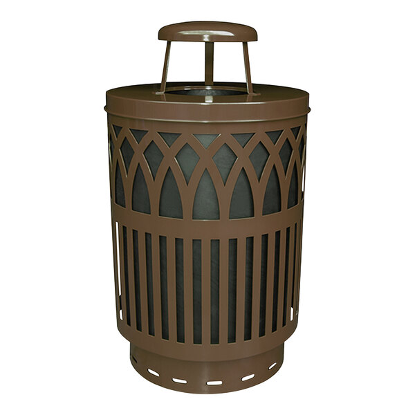 A brown metal trash can with a rain cap lid.