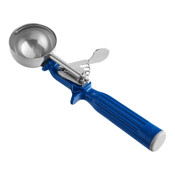 A blue and silver Fourté thumb press ice cream scoop.