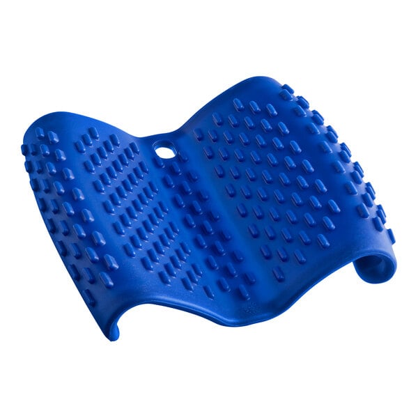 A blue silicone pot holder with small holes.