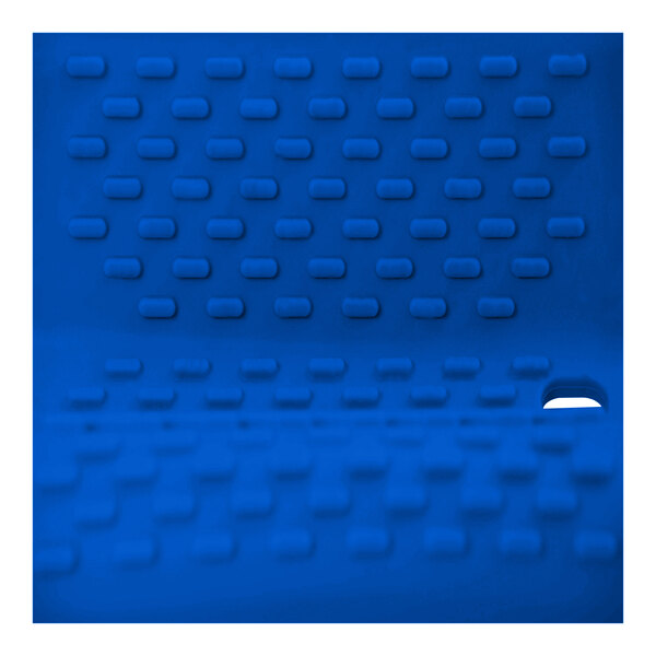 A close-up of a blue rectangular Araven silicone pot holder with small ovals.