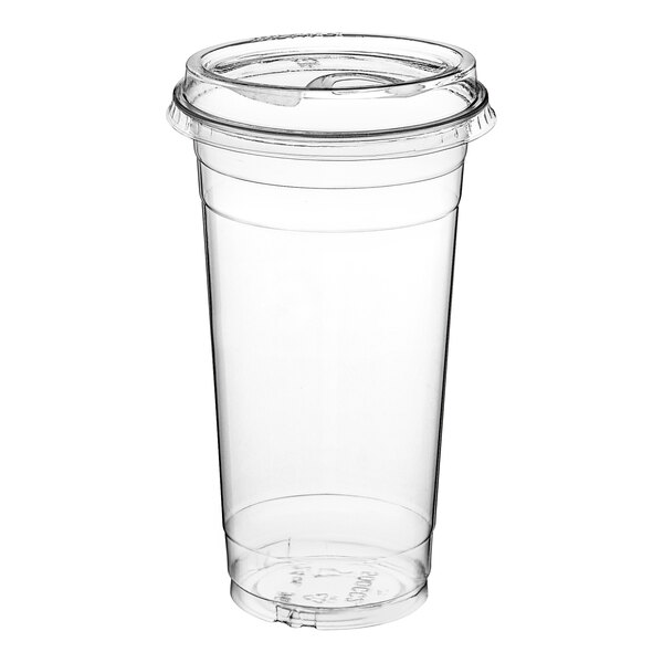 A clear Choice PET plastic cup with a lid.