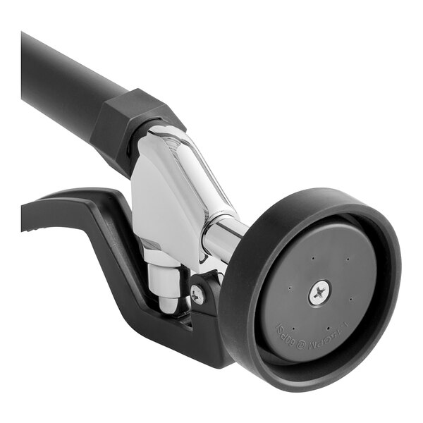 A black and silver deck-mounted pre-rinse faucet with a handle and 12" add-on faucet.