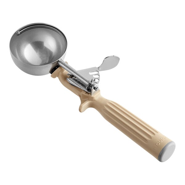 A Fourté ivory metal ice cream scoop with a wooden handle.