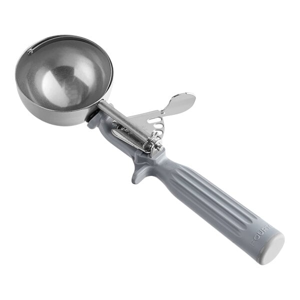 A silver Fourté gray thumb press disher with a metal bowl.
