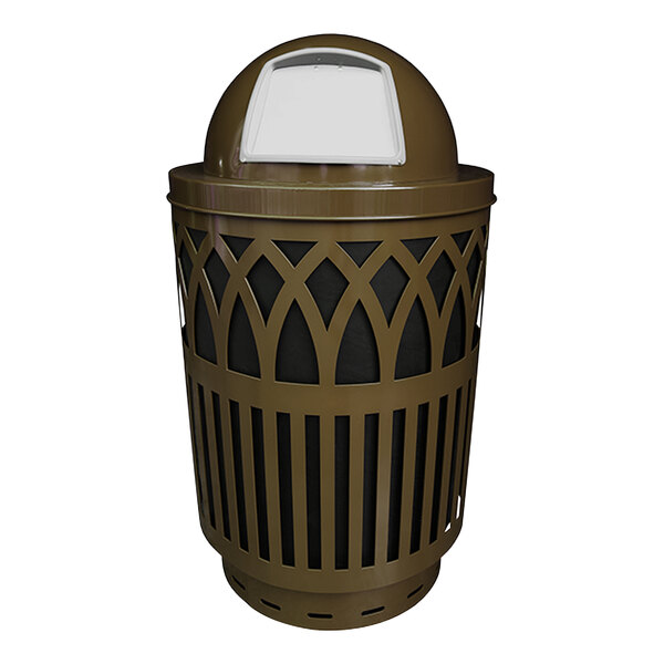 A brown Witt Industries outdoor trash can with a dome top lid.