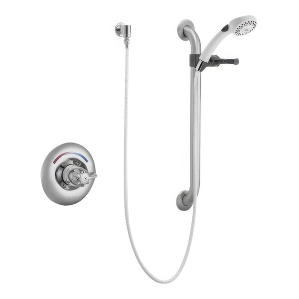 A Delta shower head with lever handle attached to a metal pole.