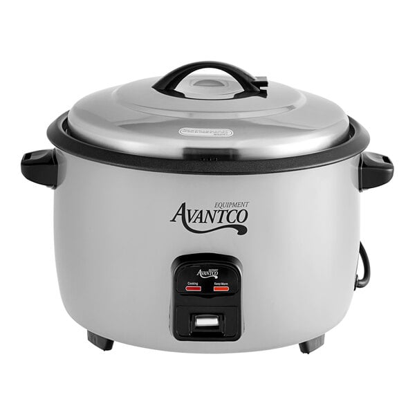 An Avantco silver and black electric rice cooker with a removable lid.