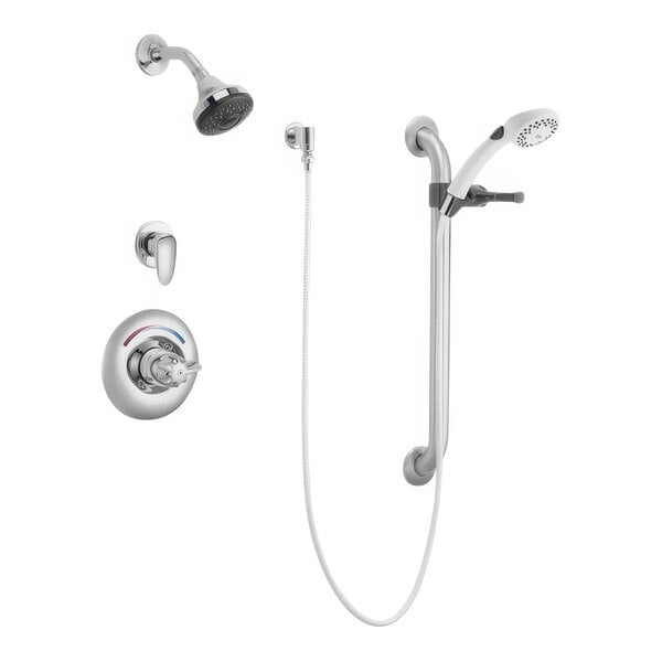 A Delta dual shower head with lever handles and valves on a white background.